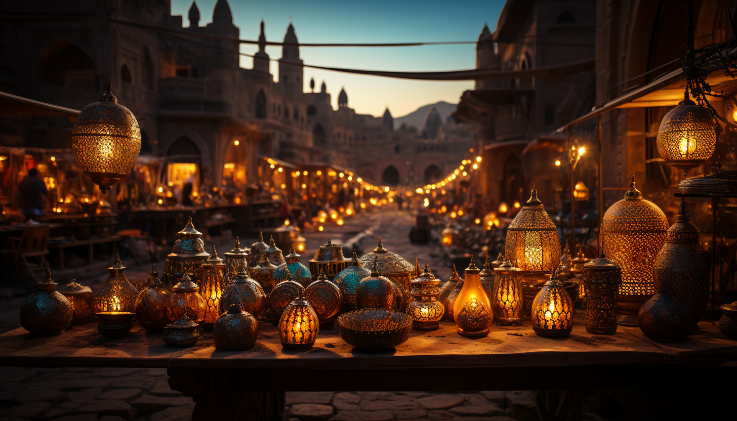 Traditional Moroccan bazaar, vibrant with spices, textiles, handmade jewelry, bustling crowds, and ornate lanterns.