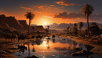 Desert oasis at sunset, with palm trees, a tranquil pond, camels resting, and a caravan of travelers setting up camp.