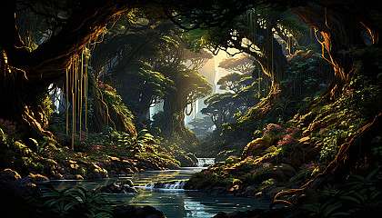 Lush rainforest canopy with exotic birds, a hidden waterfall, ancient trees, and sun rays filtering through the foliage.