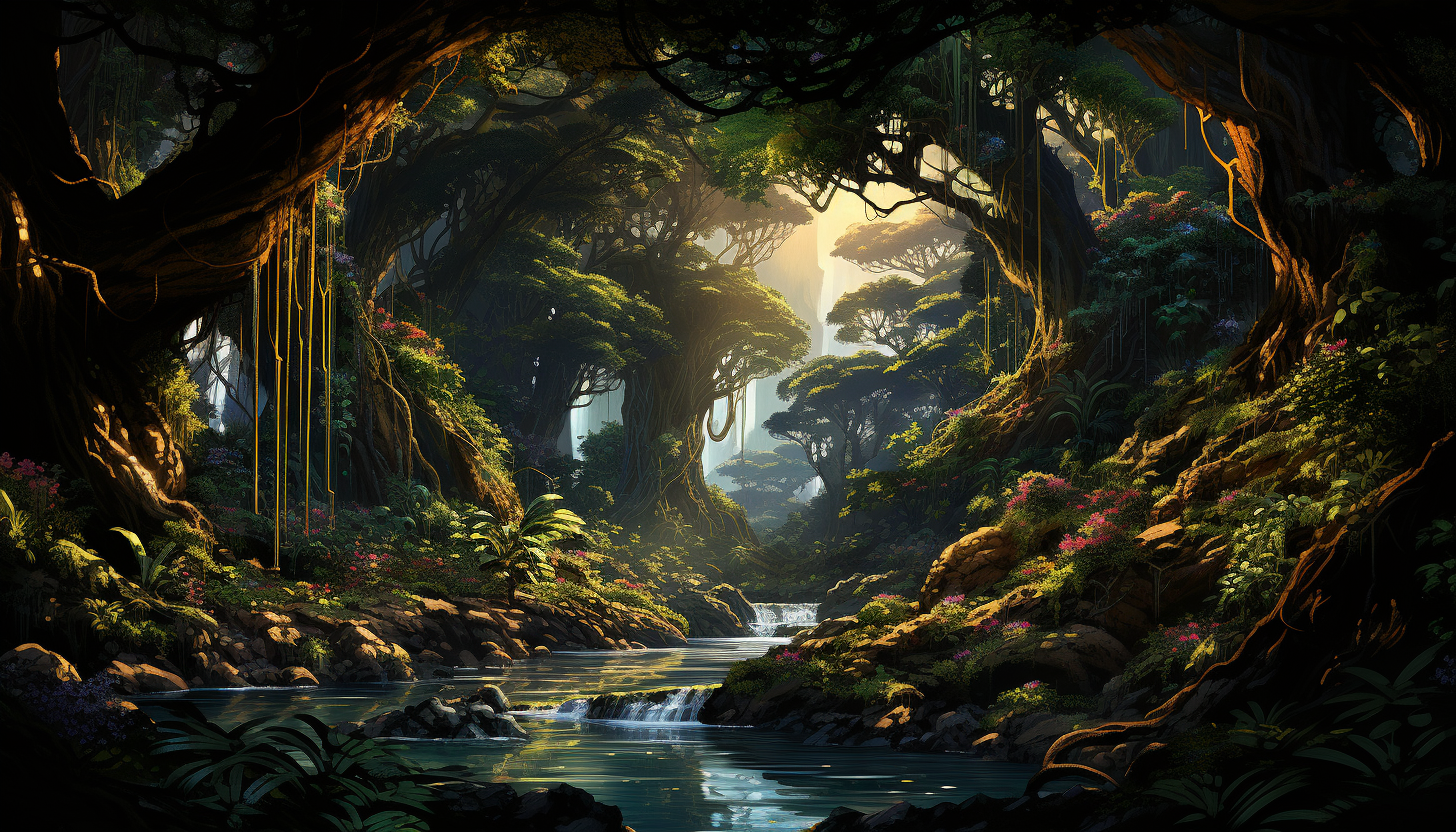 Lush rainforest canopy with exotic birds, a hidden waterfall, ancient trees, and sun rays filtering through the foliage.