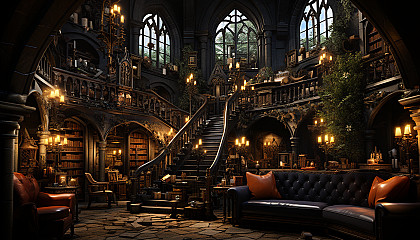 Ancient library with towering bookshelves, hidden alcoves, and a grand spiral staircase, lit by candlelight and filled with ancient tomes.