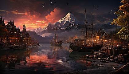 Northern Viking village during the aurora borealis, longships in the harbor, thatched-roof huts, and warriors sharing tales around a fire.