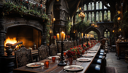 Grand medieval banquet hall, with a long feast table, tapestries, suits of armor, and a roaring fireplace.