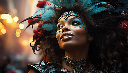 A vibrant carnival in Rio de Janeiro, with samba dancers, elaborate floats, lively music, and a crowd of revelers.