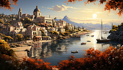Mediterranean coastal village at sunset, white-washed buildings, terracotta roofs, sailboats in the harbor, and flowering vines.