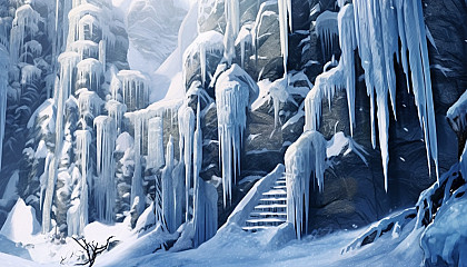 A cluster of icicles hanging from a snowy cliff.