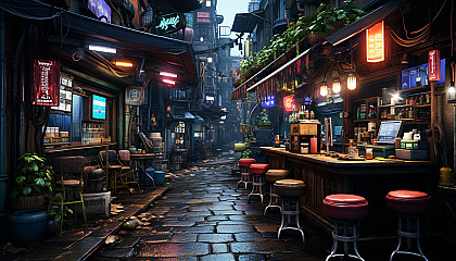 Cyberpunk alleyway bustling with activity, neon signs in multiple languages, diverse characters, and high-tech gadgets on display.