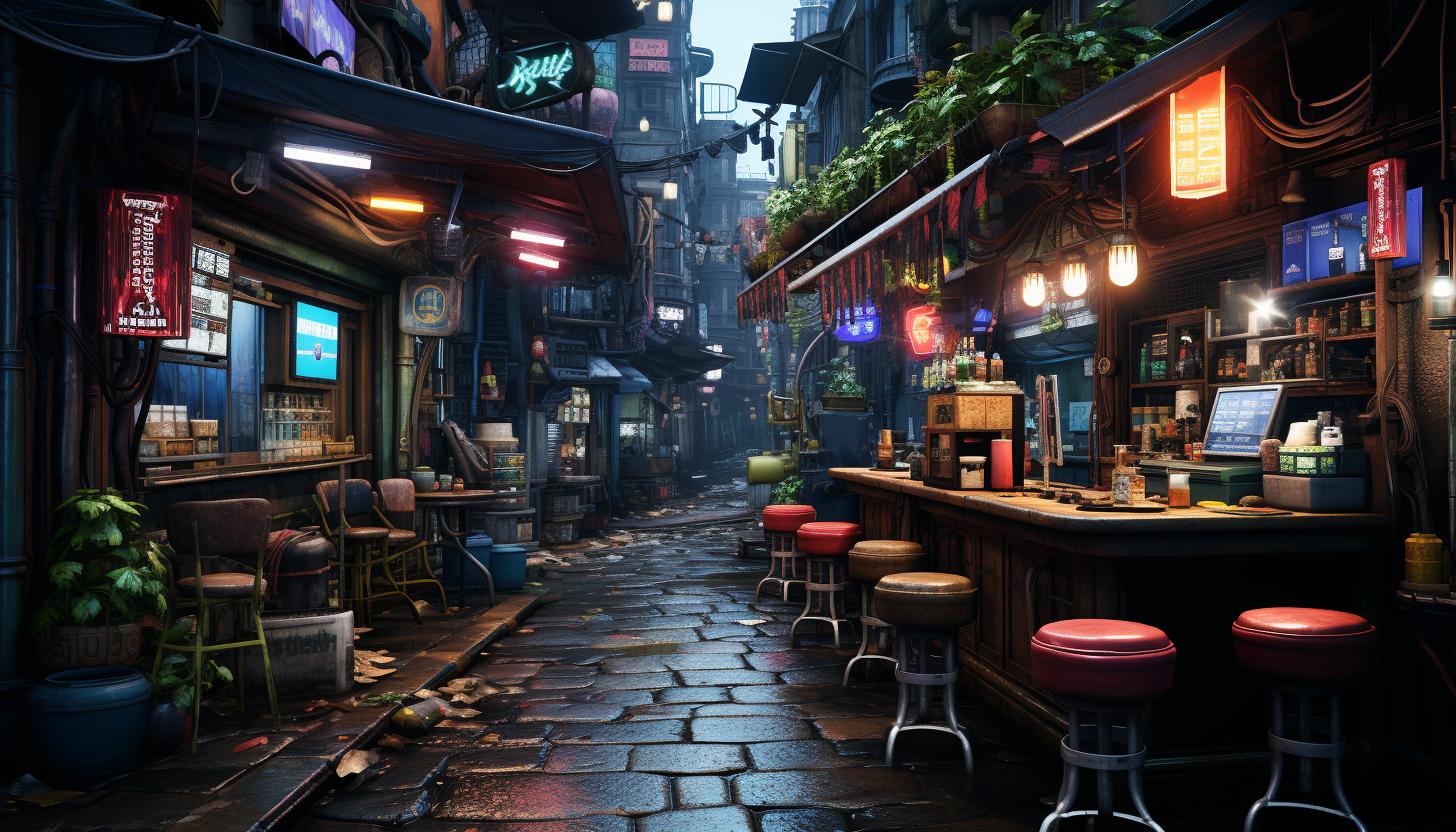 Cyberpunk alleyway bustling with activity, neon signs in multiple languages, diverse characters, and high-tech gadgets on display.