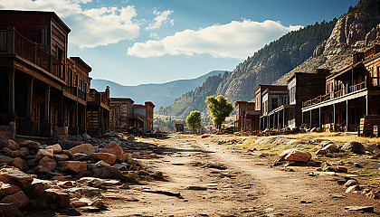 Old Western ghost town at high noon, with dusty streets, saloons, abandoned gold mines, and tumbleweeds rolling by.