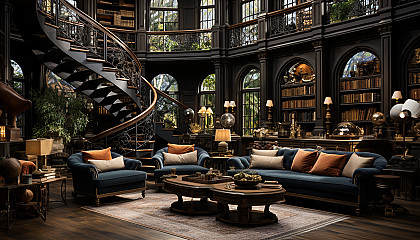 Grand library with towering bookshelves, a spiral staircase, antique globes, and cozy reading areas with classic armchairs.