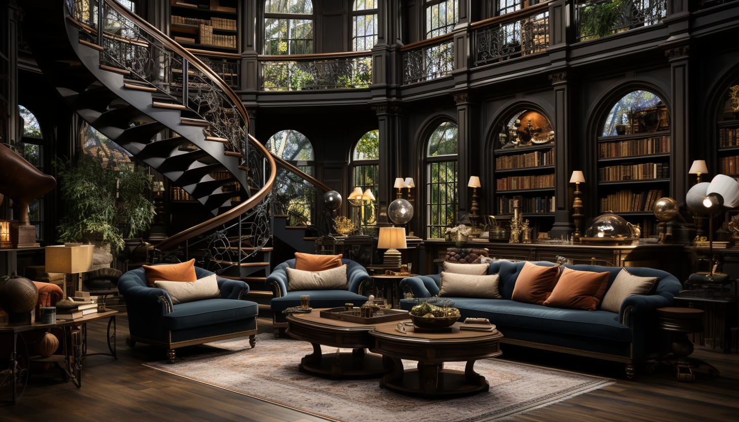 Grand library with towering bookshelves, a spiral staircase, antique globes, and cozy reading areas with classic armchairs.