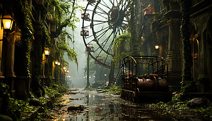 An abandoned amusement park reclaimed by nature, with overgrown rides, a Ferris wheel entwined in vines, and a mysterious, eerie ambiance.