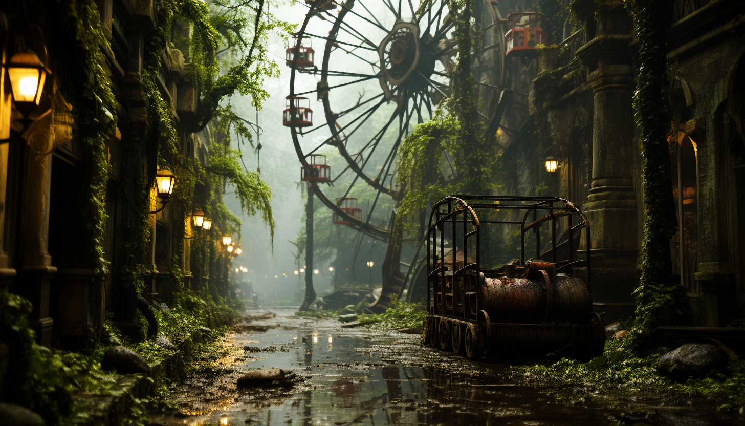 An abandoned amusement park reclaimed by nature, with overgrown rides, a Ferris wheel entwined in vines, and a mysterious, eerie ambiance.