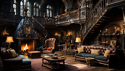 Grand library in a medieval castle, walls lined with ancient books, a large fireplace, stained glass windows, and a spiral staircase.