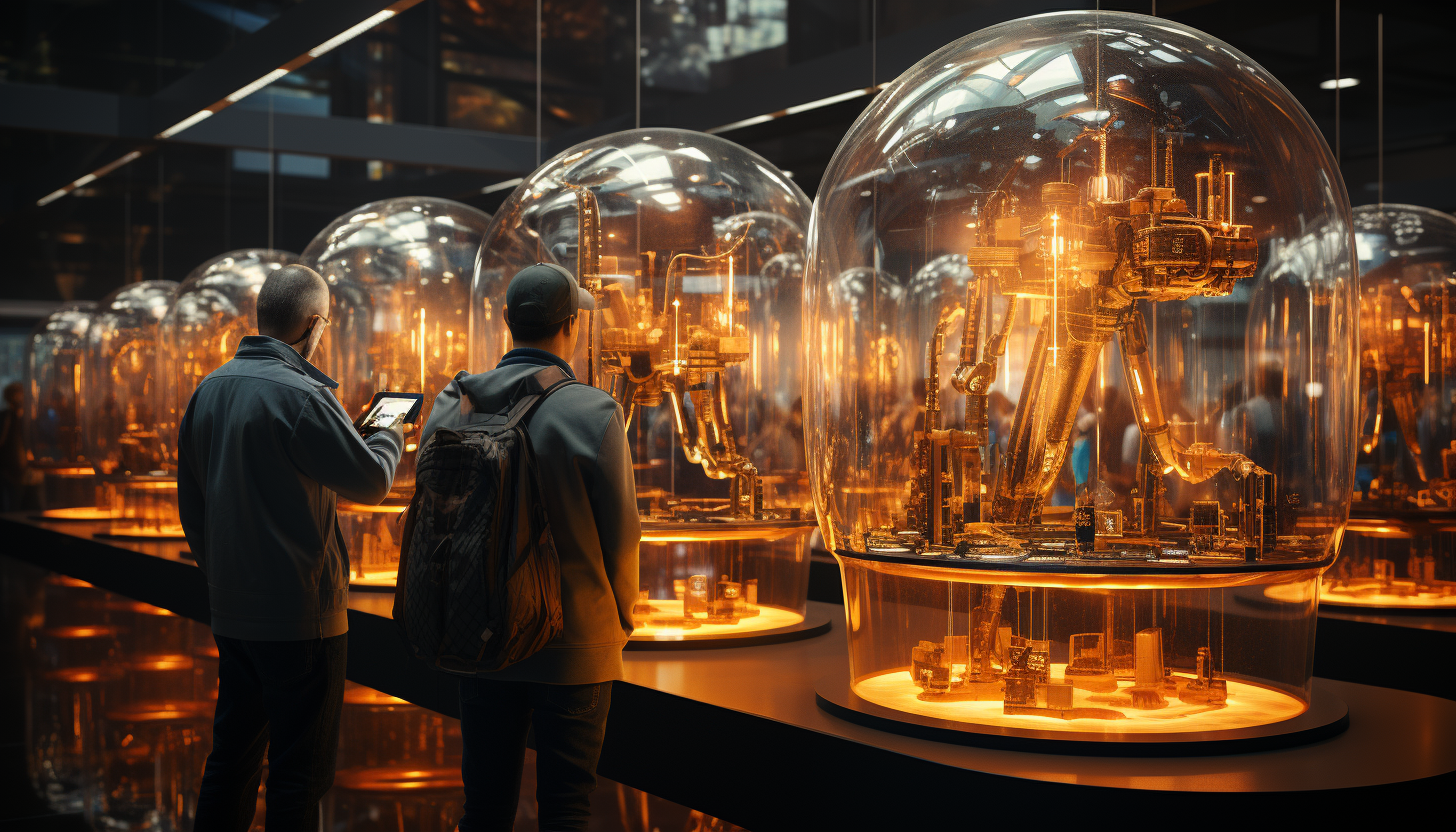 High-tech robotics lab, with advanced AI robots in development, holographic displays, and scientists at work.