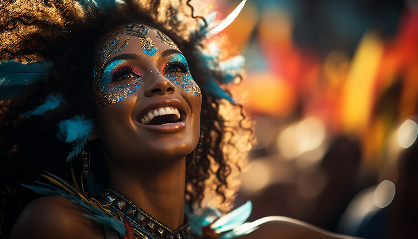 Vibrant carnival in Rio de Janeiro, with elaborate costumes, samba dancers, lively music, and a festive atmosphere.