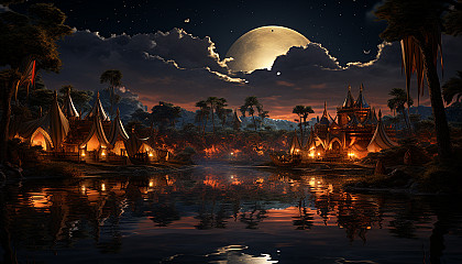 Desert oasis at night, featuring a star-filled sky, a tranquil pond, nomadic tents, and camels resting nearby.