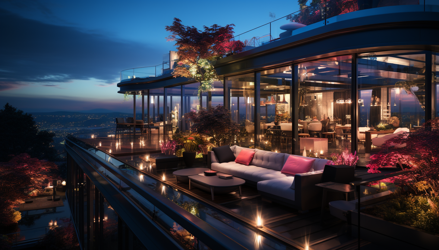 Futuristic urban rooftop garden at night, with neon-lit planters, sleek furniture, a skyline view, and a high-tech greenhouse.