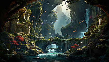 Lush tropical rainforest waterfall, with colorful birds, dense greenery, and a hidden cave behind cascading water.