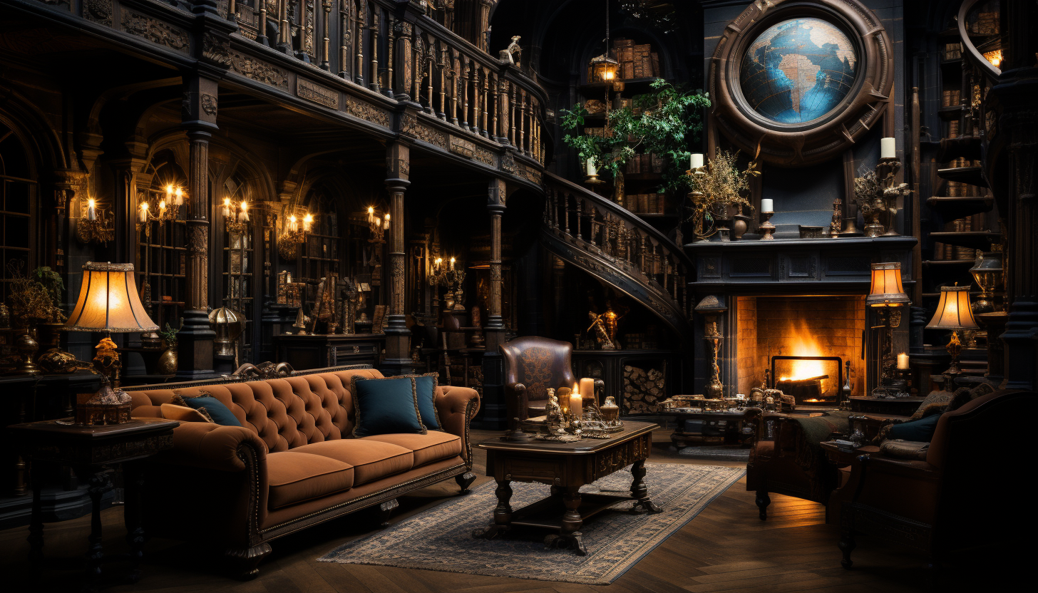 Old library with towering bookshelves, ladders, a grand fireplace, and a large globe in a dimly lit room.