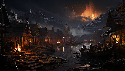 A mystical Viking village during the Northern Lights, with longboats, timber houses, and warriors gathered around a roaring bonfire.