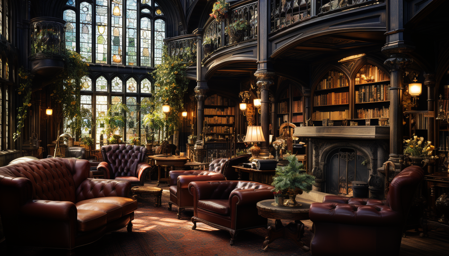 Old library with towering bookshelves, a grand fireplace, leather armchairs, and sunlight filtering through stained glass windows.