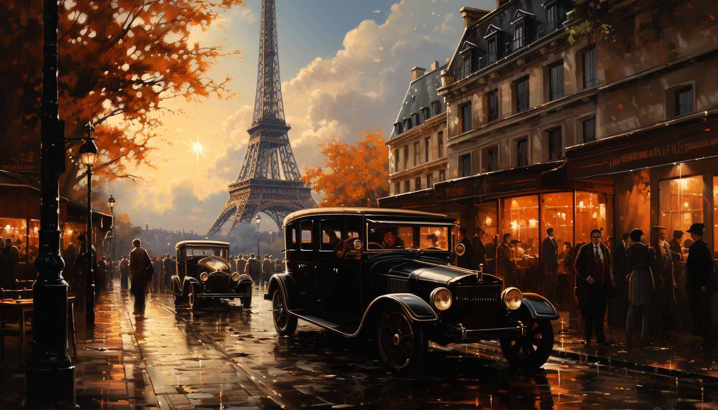 Classic 1920s Parisian café scene, with elegant patrons, waiters in period attire, vintage cars, and the Eiffel Tower in the background.