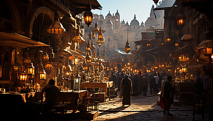 Traditional Moroccan bazaar, with spice towers, colorful textiles, ornate lanterns, and bustling crowds.