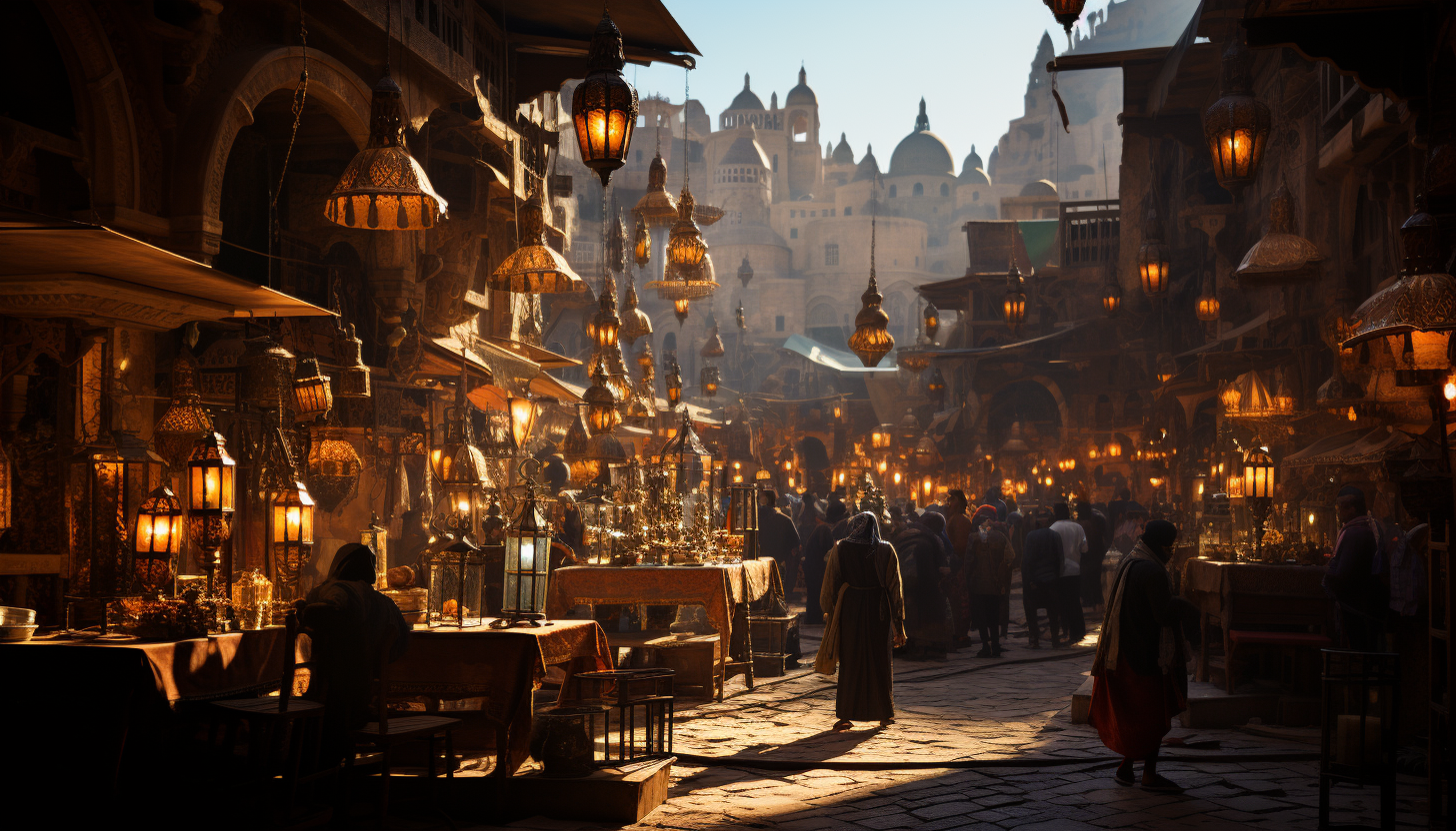 Traditional Moroccan bazaar, with spice towers, colorful textiles, ornate lanterns, and bustling crowds.