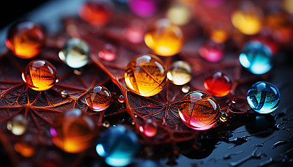Macro view of dewdrops on a spiderweb, refracting light into a rainbow.