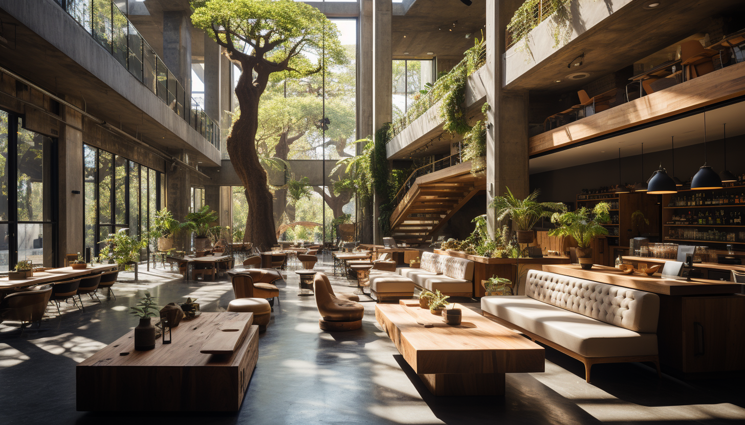 Modern coffee shop interior with minimalist design, large communal tables, a variety of plants, and baristas crafting artisanal drinks.