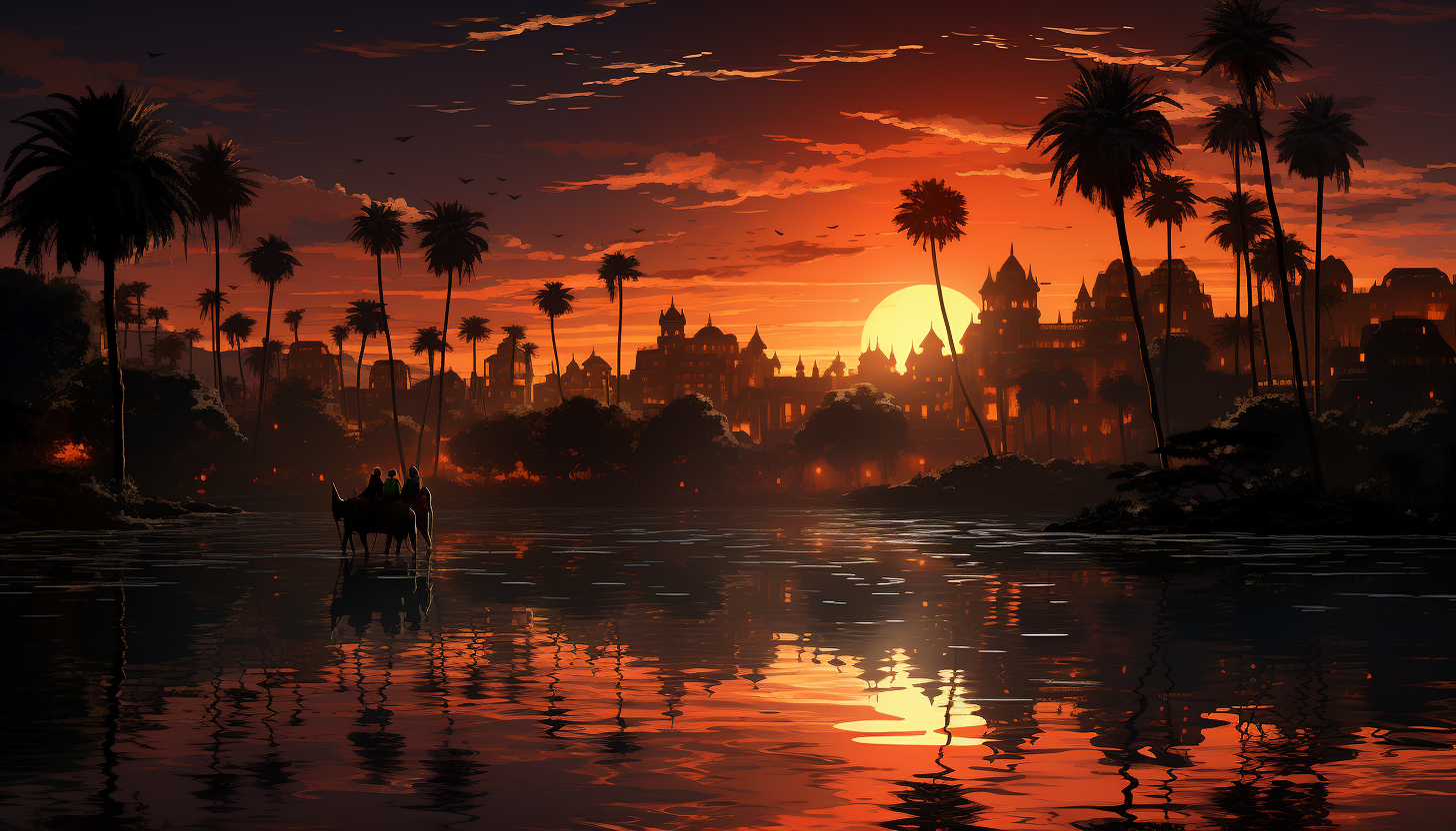 Desert oasis at sunset, with palm trees, a tranquil pond, camels resting, and ancient ruins silhouetted against the fiery sky.