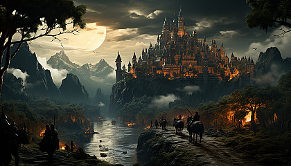 Medieval castle on a misty cliff, surrounded by a dense forest, with knights on horseback and a distant village below.