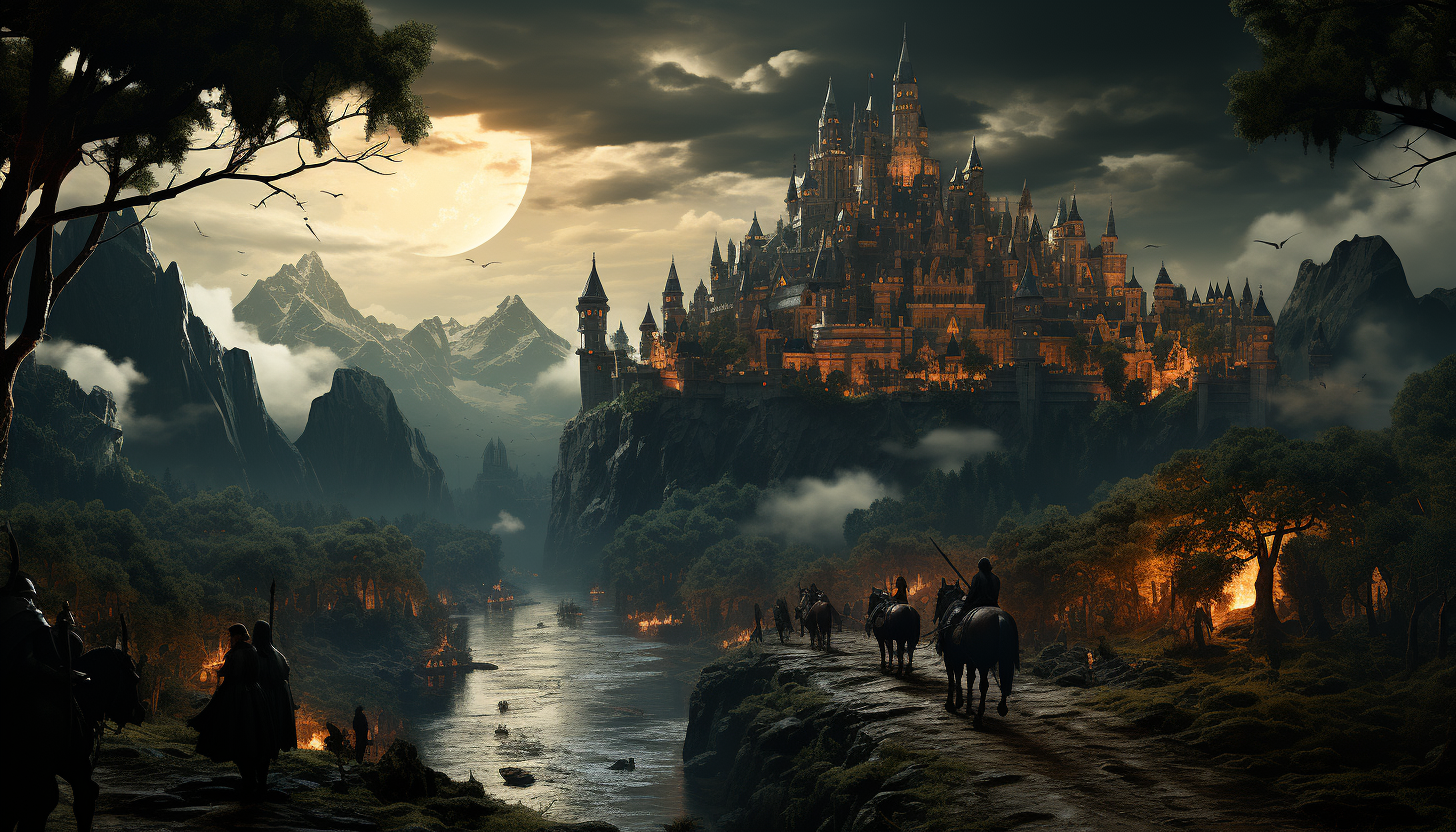 Medieval castle on a misty cliff, surrounded by a dense forest, with knights on horseback and a distant village below.