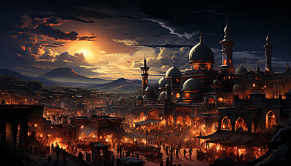 Traditional Arabian bazaar at dusk, with spice stalls, flying carpets, oil lamps, and a bustling crowd in a desert city.