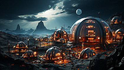 Futuristic Martian colony, with domed habitats, rovers traversing the red landscape, and Earth visible in the sky.