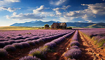 Lavender fields in Provence with a rustic farmhouse, rows of purple flowers, and distant mountains under a sunny sky.