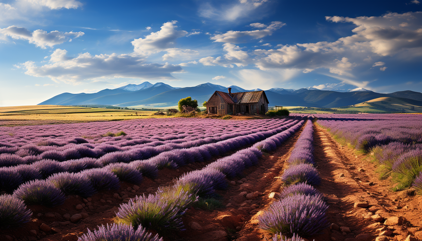 Lavender fields in Provence with a rustic farmhouse, rows of purple flowers, and distant mountains under a sunny sky.