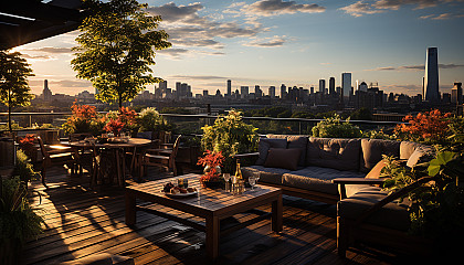 Lush rooftop garden in an urban setting, featuring a variety of plants, comfortable seating areas, and a panoramic view of the city skyline.