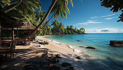 Lush tropical beach with clear turquoise water, hammocks between palm trees, a small boat in the distance, and a tiki bar.