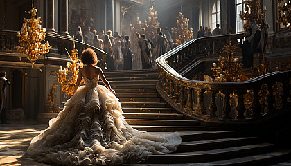 Lavish masquerade ball in a grand palace, with elegantly dressed guests, ornate masks, and a grand staircase.