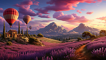 Lavender fields in Provence at sunrise, with a rustic farmhouse, hot air balloons in the sky, and distant rolling hills.