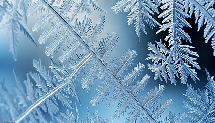 A delicate frost pattern on a windowpane in the winter.