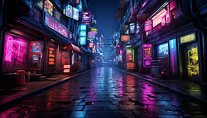 Futuristic cyberpunk alleyway, neon signs in various languages, shadowy figures, and high-tech gadgets.