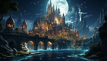 Underwater Atlantis-like city with grand crystal domes, merfolk, colorful coral structures, and schools of luminous fish swimming amongst ancient ruins.