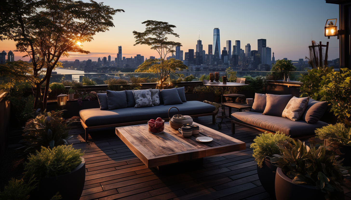 Lush rooftop garden in an urban setting, with a variety of plants, comfortable seating areas, and a skyline view at sunset.