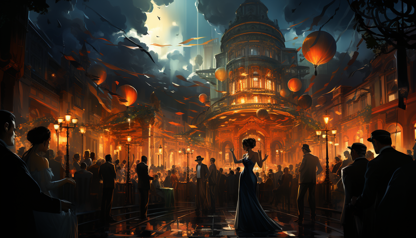 Roaring 1920s jazz club, with musicians on stage, flapper dancers, art deco decor, and an animated crowd.