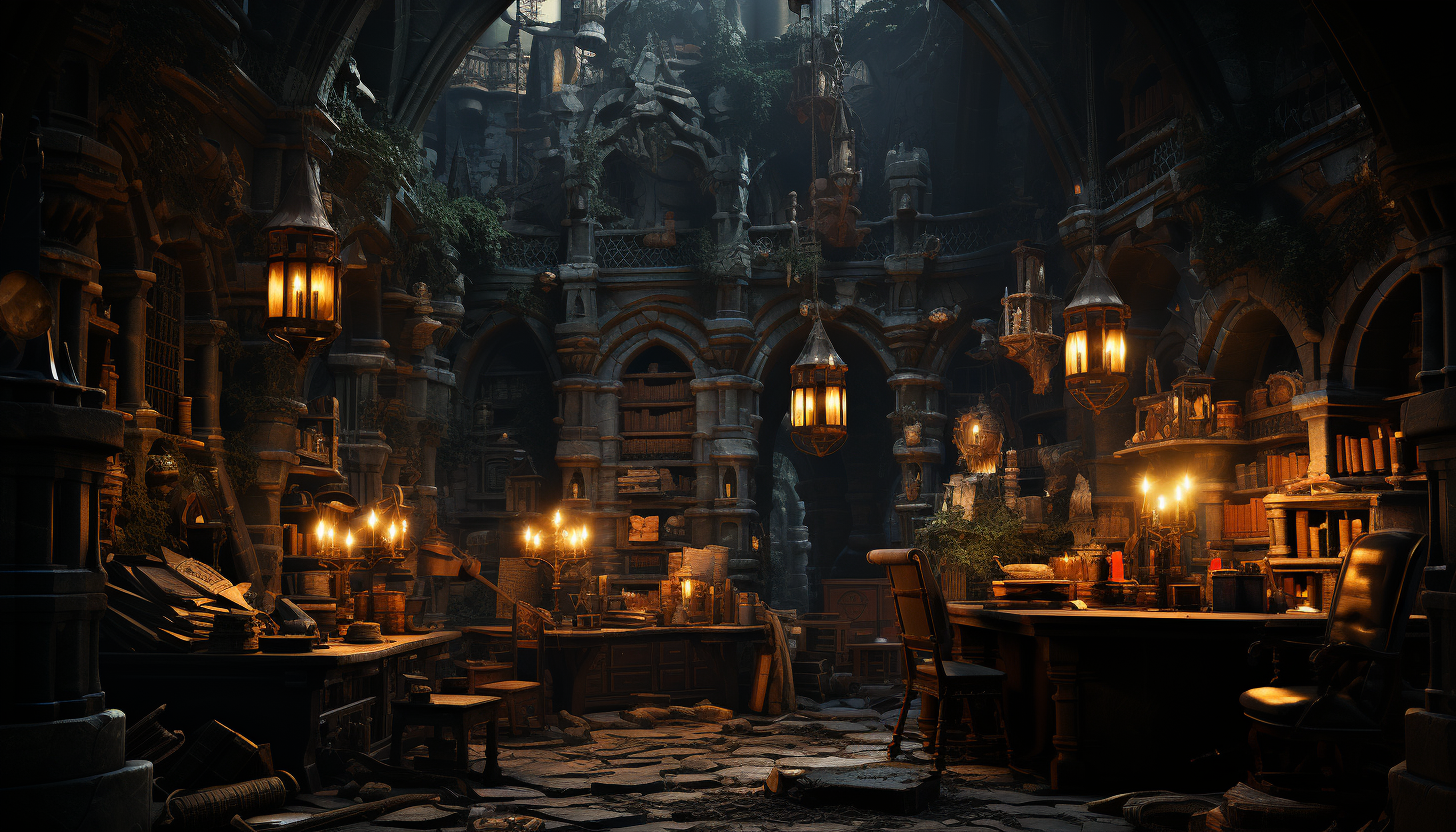 Ancient library in a hidden cave, filled with scrolls and books, dimly lit by candles, and a mysterious figure reading at a wooden desk.