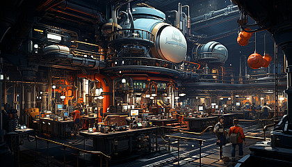 A high-tech robot factory with assembly lines of robots in various stages of construction, engineers at work, and advanced machinery.