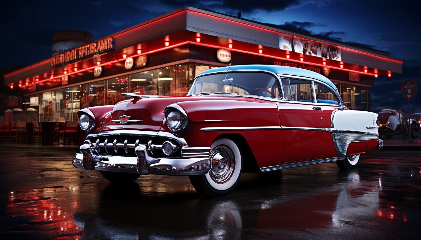 Classic American diner on Route 66 at twilight, with vintage cars parked outside, neon signs, and customers enjoying milkshakes at the counter.